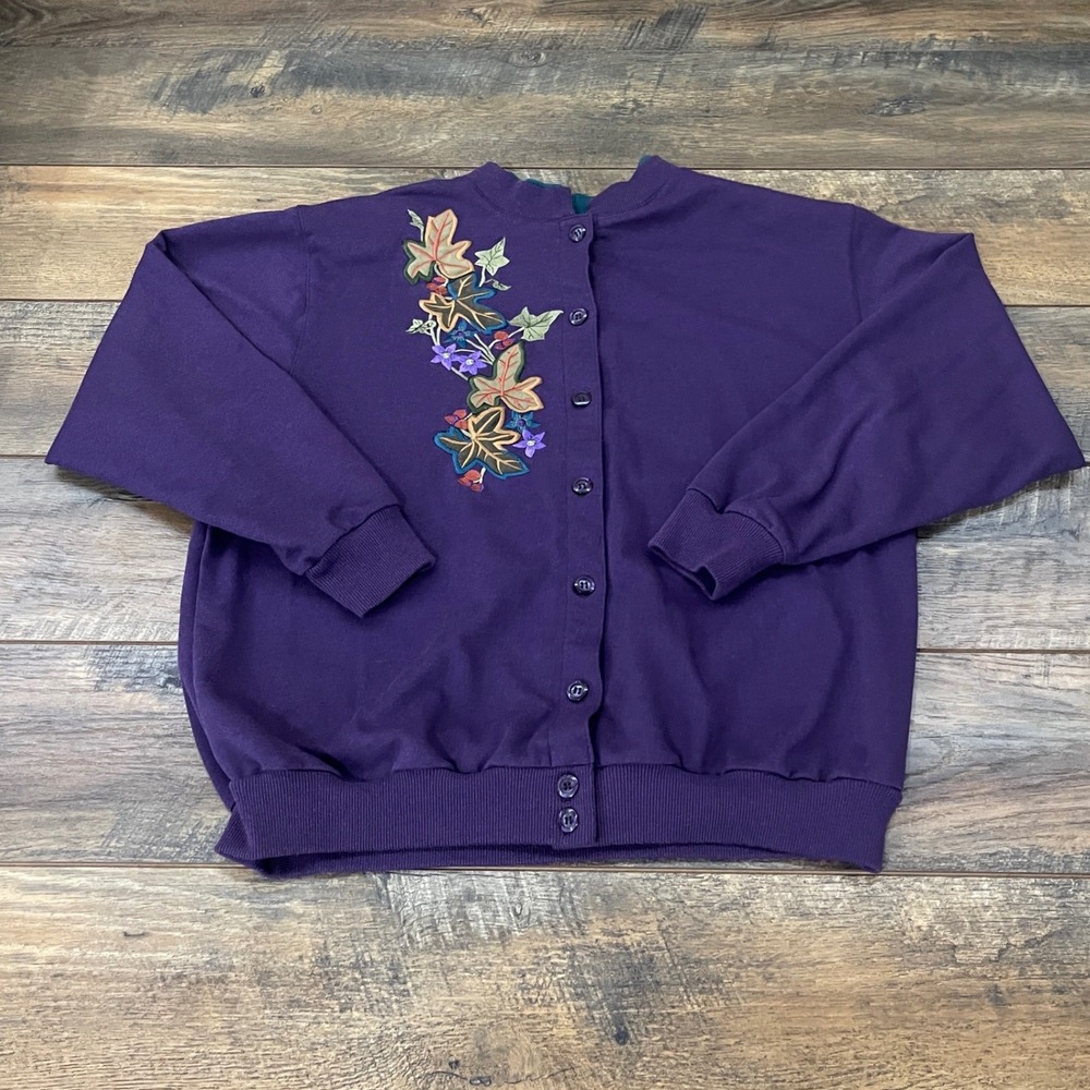 Alfred Dunner Petite Purple Embroidered Leaf Button Front Sweatshirt Cardigan M